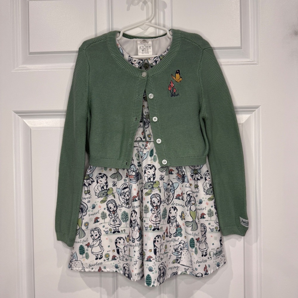 Disney‎ Princess Fairytale Dress & Cardigan Set Girls Size 4 Green Embroidered